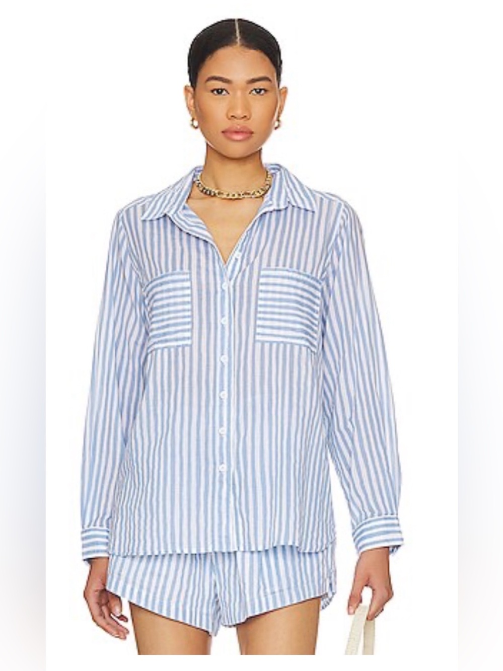 Seafolly Blue & White Vertical Stripe Button-Down Shirt